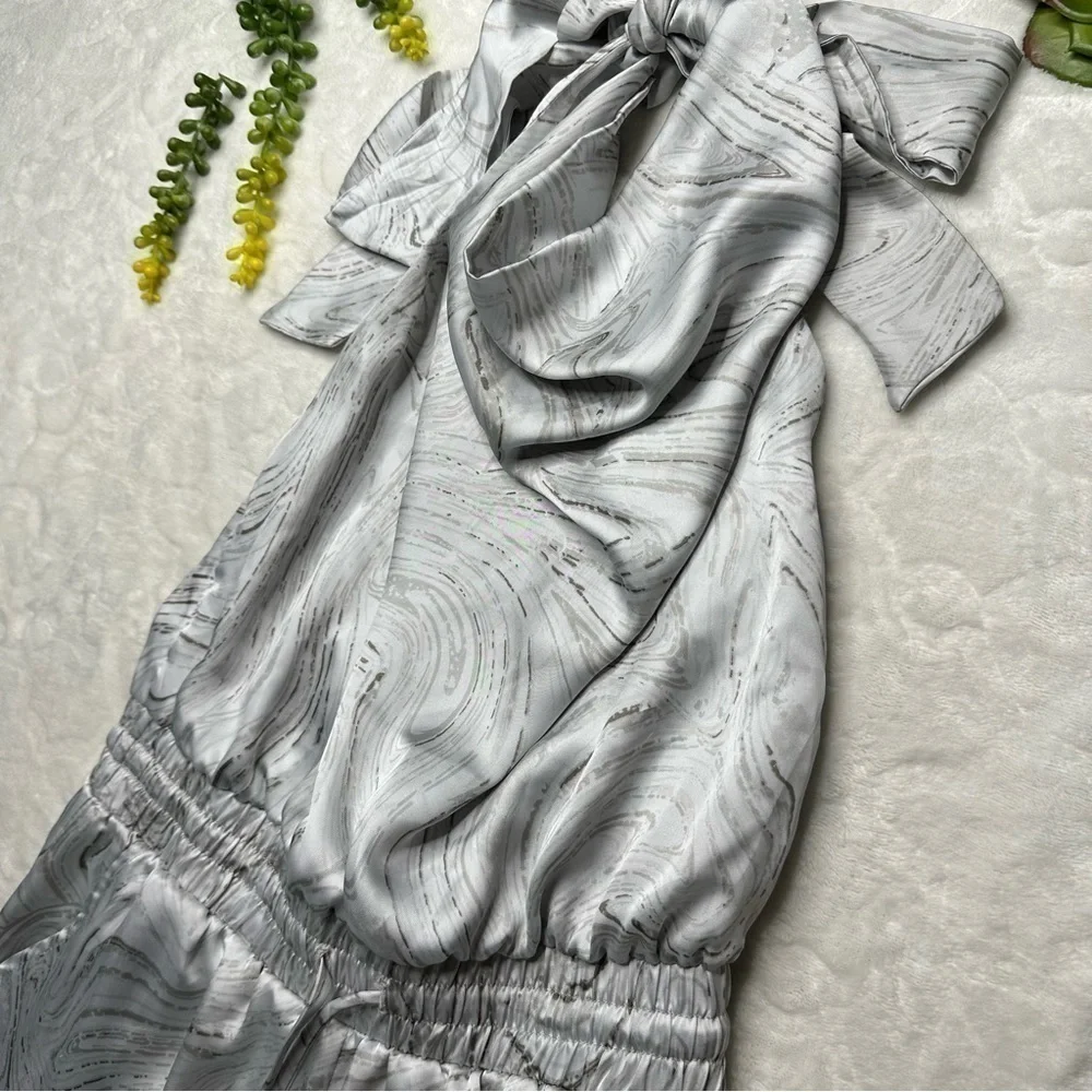 Caramela Marble Print Satin Halter Top Jumpsuit in White and Gray Womens Small